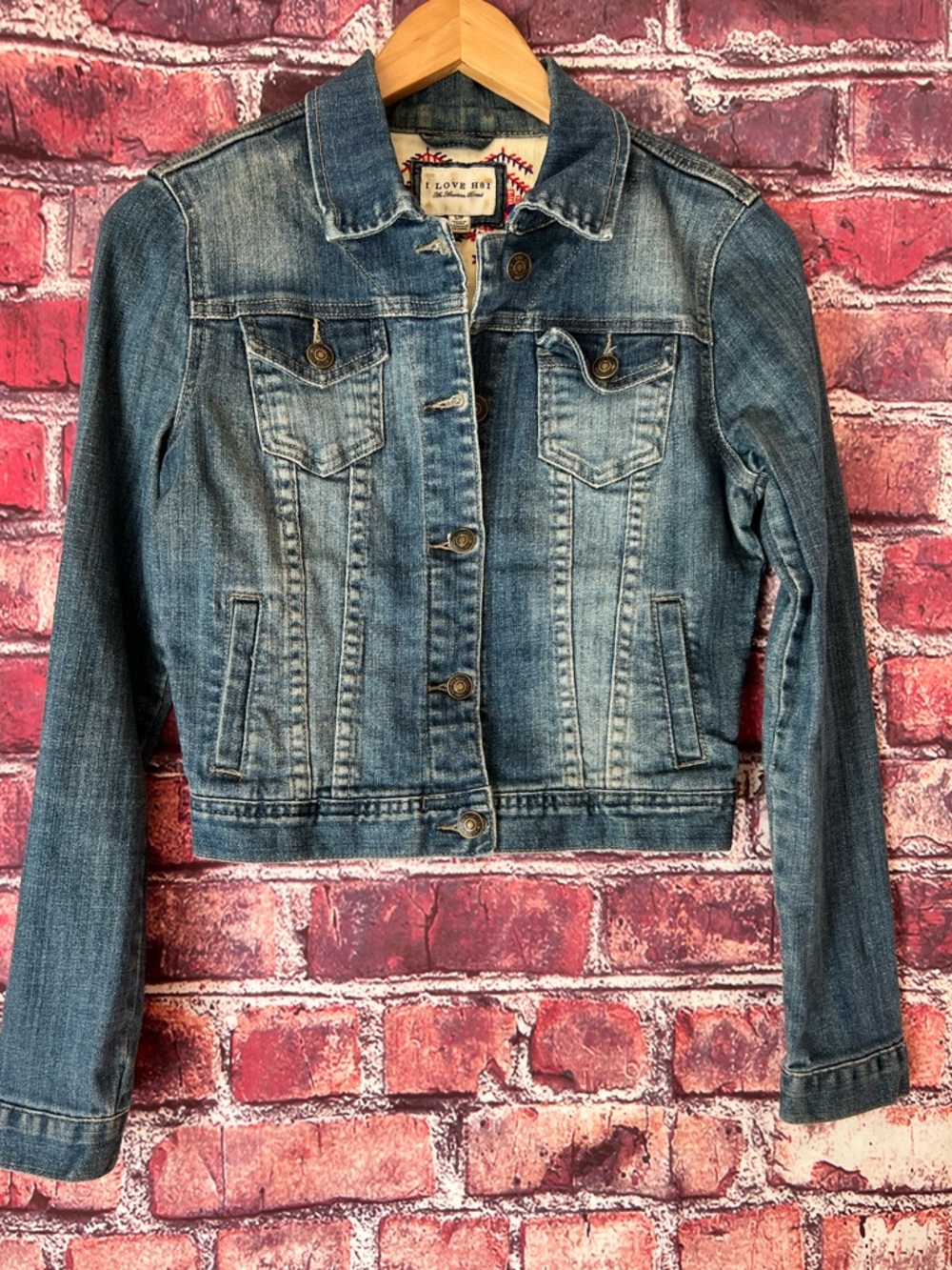 I Love H81 Distressed Denim Trucker Jacket